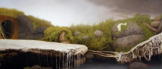 detail - 'A Riverbank (culvert, detritus and apparitions)' left panel, 2012 by Andrew Browne